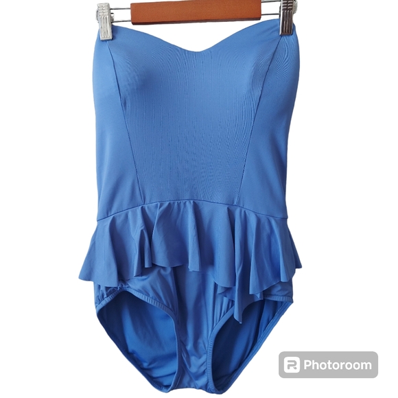Badgley Mischka Blue One Piece Swim Bathing Suit Peplum Ruffle Size 12 - Picture 1 of 4